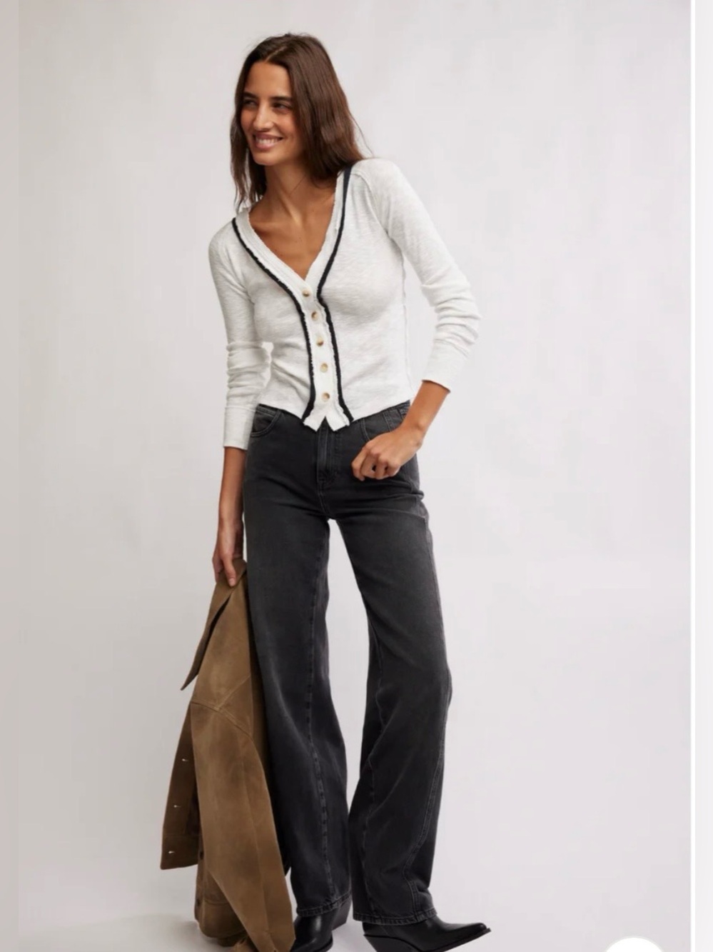 Free People White Cardigan with Black Trim